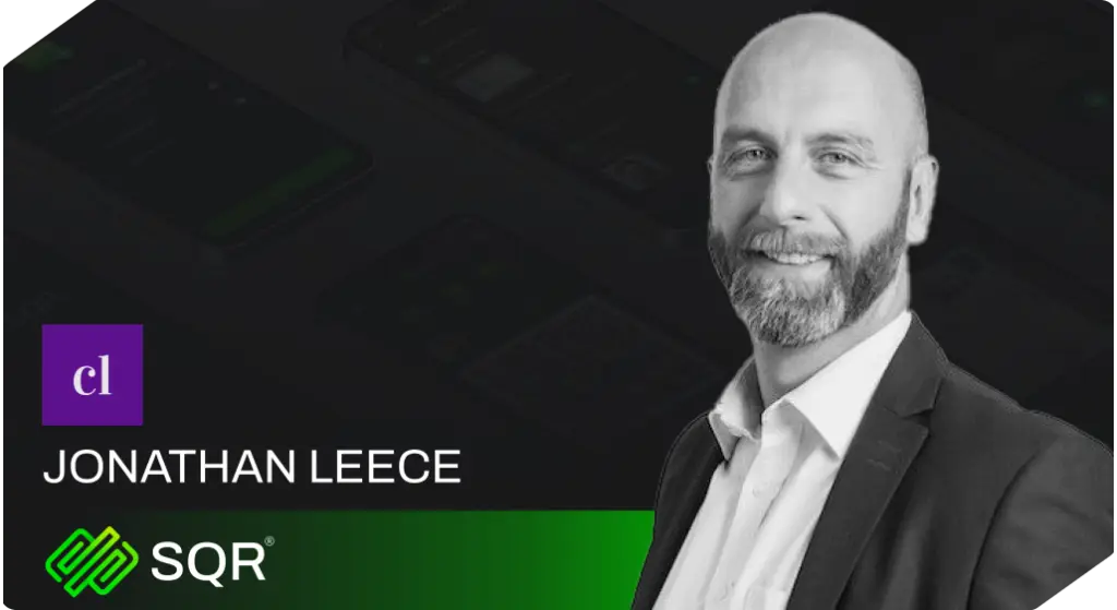 Professional portrait with branding elements.